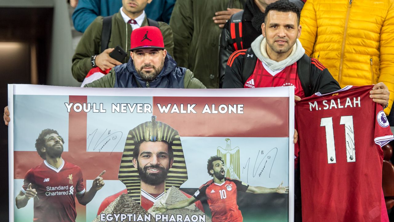 Egypt fans with a Salah banner 
during the recent game with Portugal.
