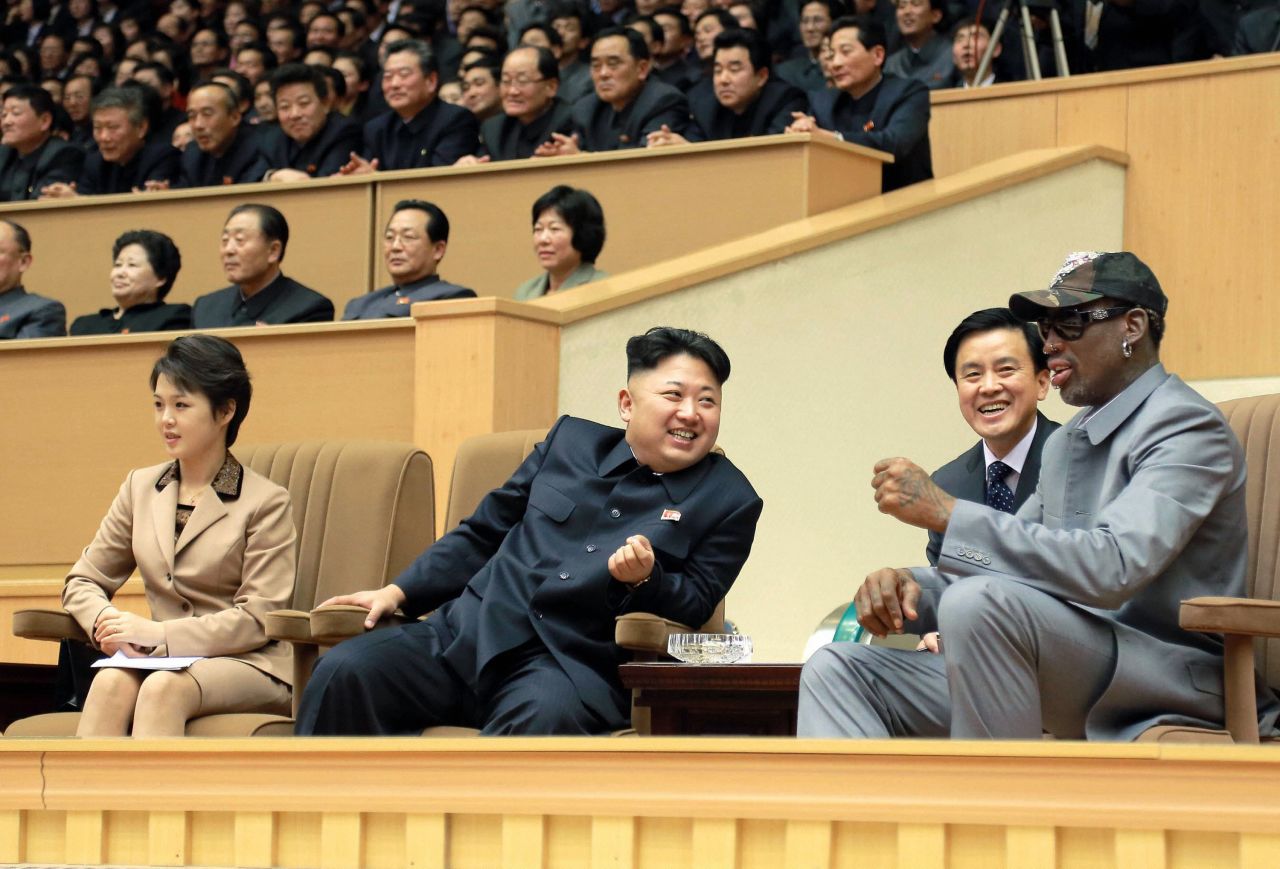 Ri and Kim sit alongside former US NBA star Dennis Rodman as they watch an exhibition match between US and North Korean basketball players in Pyongyang on January 8, 2014. Rodman later revealed the name of the couple's daughter, Ju Ae. 