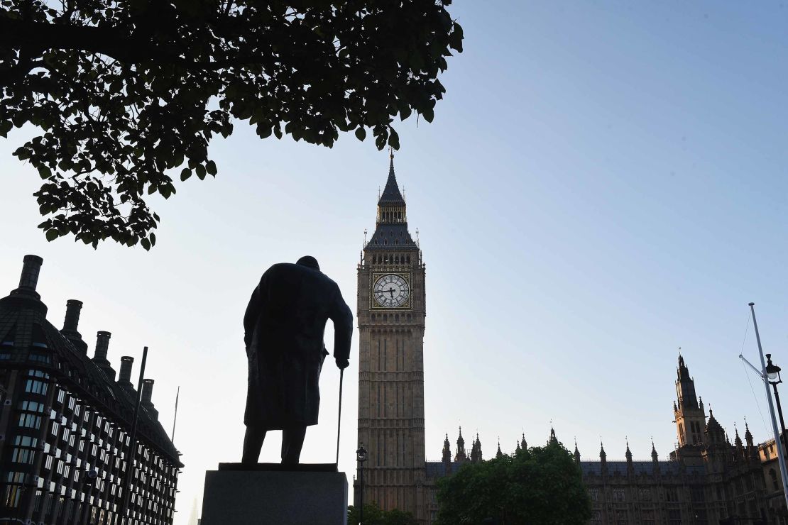A statue of former British Prime Minister Winston Churchill stands opposite Parliament.