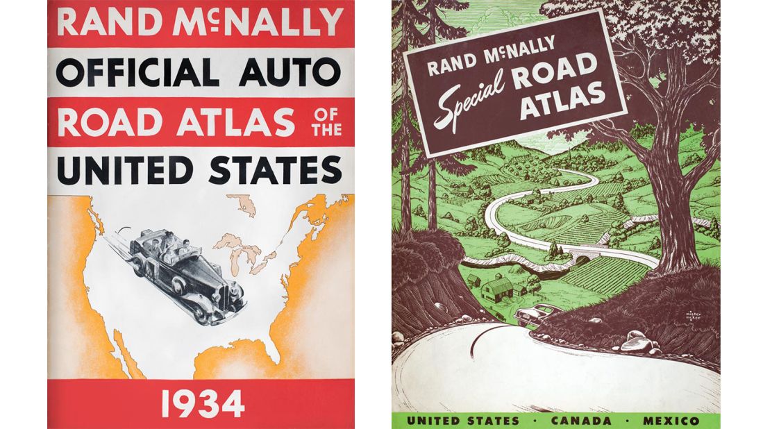 <strong>Freedom and fun:</strong> Early editions of the atlas included eye-catching designs celebrating the liberty afforded by road travel. "Each cover since reflects the freedom that the atlas represents and the inspiration that it provides as people take to the roads in search of adventure," Sadoti adds. <em>Pictured here: Rand McNally road atlas 1934 and 1949</em>