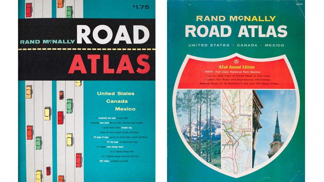 The Rand McNally cover art will be the subject of an upcoming book. Pictured here: Rand McNally road atlas 1957 and 1966.