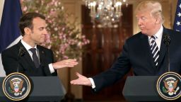 French President Emmanuel Macron (L) and US President Donald Trump (R) give a joint press conference at the White House in Washington, DC, on April 24, 2018. (Photo by LUDOVIC MARIN / AFP)        (Photo credit should read LUDOVIC MARIN/AFP/Getty Images)