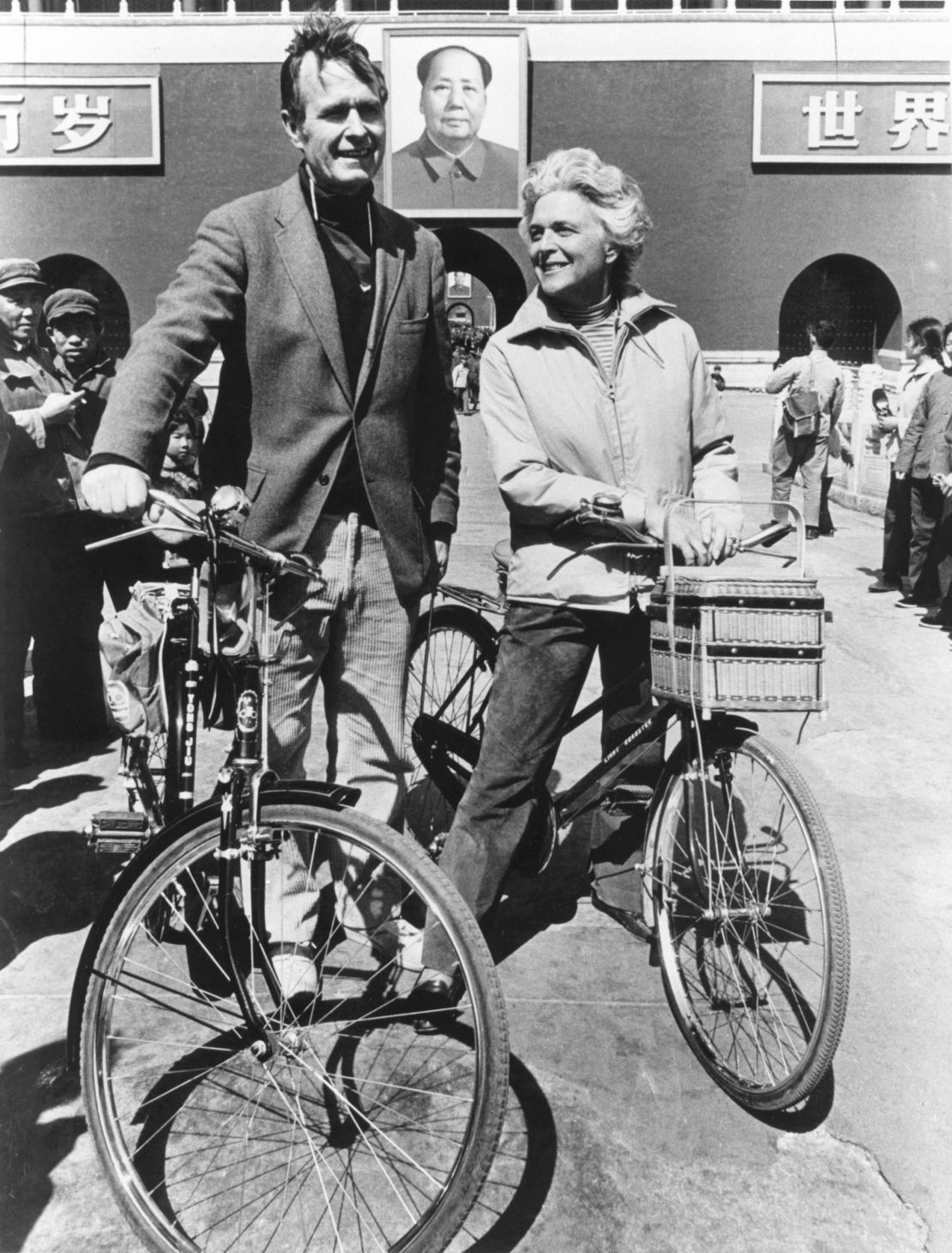 Bush poses with his wife Barbara in Beijing in 1974.