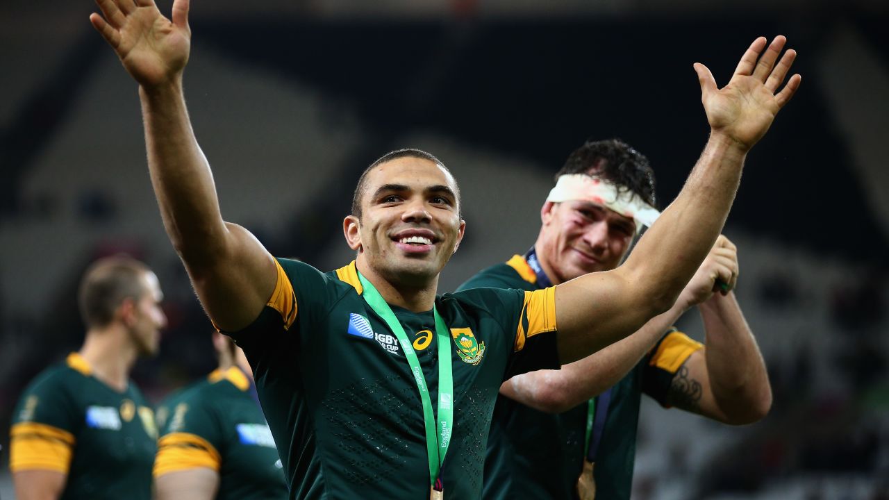LONDON, ENGLAND - OCTOBER 30:  Bryan Habana of South Africa and team mates salute the crowd after victory in the 2015 Rugby World Cup Bronze Final match between South Africa and Argentina at the Olympic Stadium on October 30, 2015 in London, United Kingdom.  (Photo by Paul Gilham/Getty Images)