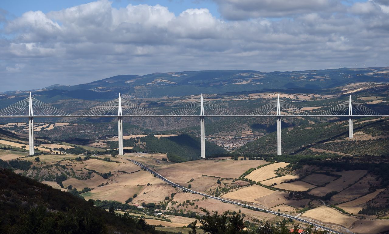 The breathtaking Millau Viaduct Bridge in southwestern France, designed by English architect Norman Foster and completed in 2004, measures 1,125 feet at its tallest point. 