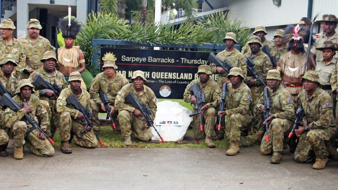 Members of the 51st Battalion of the Far North Queensland Regiment at the opening of Sarpeye Barracks in March.