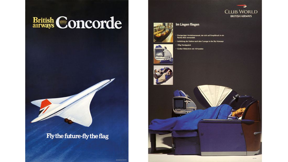 <strong>Concorde and club world</strong>: The early years of the newly re-branded British Airways celebrated the Concorde and the first fully flat bed for its Club World business class passengers. <em>Pictured here: British Airways poster by unknown, circa 1976, and British Airways poster by M&C Saatchi, 2000.</em>