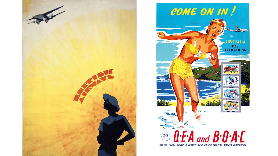 Left: British Airways poster by unknown artist (1936). Right: BOAC and Qantas poster by Stanley Herbert (circa 1947-50).