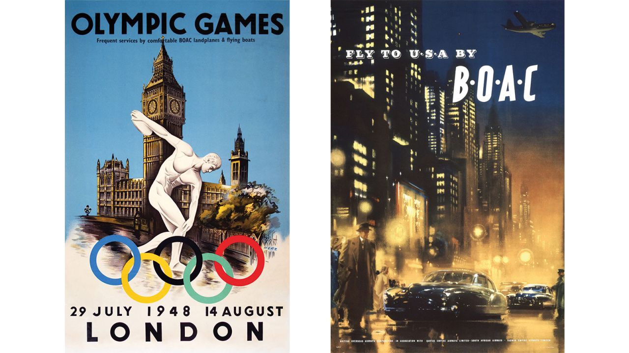 <strong>Stunning designs</strong>: In a book full of stunning posters, there are some designs that stand out including the image on the right. The British Overseas Airways Corporation (BOAC), one of BA's predecessors, used Walter Herz's original Olympic artwork to promote traveling to London for the games. <em>Pictured here: BOAC poster by Abram Games, 1948, and BOAC poster by Frank Wootton circa 1952.</em>