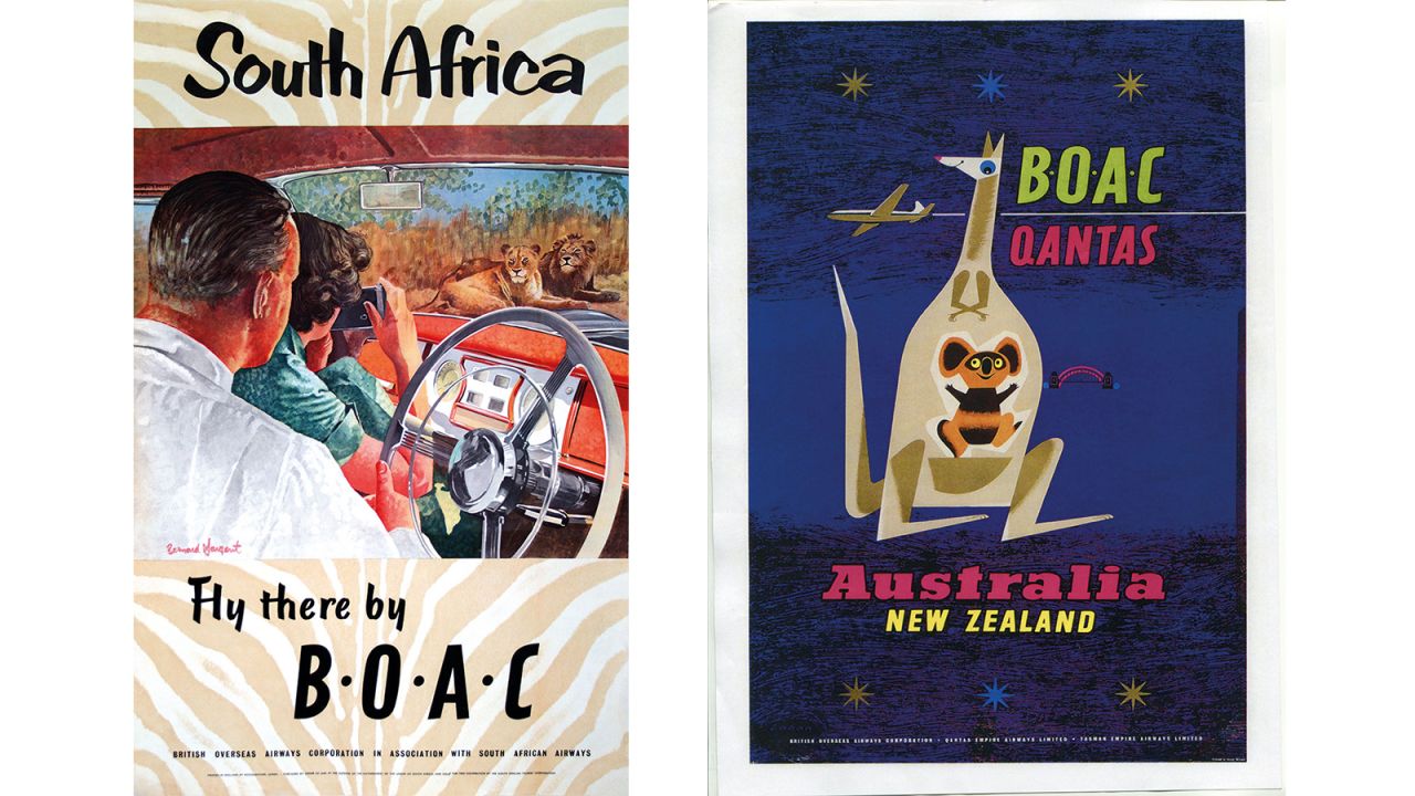 <strong>Global world:</strong> In the mid-late twentieth century, international aviation became more and more common. "An explosion of air services from 1946 when we started operating to New York because aircraft now had the range to reach it," says Jarvis. Trips to South Africa and Australia also became possible. <em>Pictured here: BOAC poster by Bernard Sargent, circa 1953, and BOAC poster by Laban circa 1953.</em>