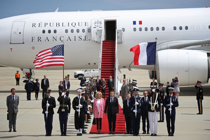 The Macrons arrive on April 23, at Andrews Air Force Base on a French government plane.