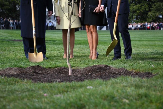 The foursome uses golden shovels to plant a European Sessile oak tree on April 23, on the South Lawn of the White House. The tree was taken from Belleau Wood, northeast of Paris, where 9,000 American troops lost their lives during World War I. 