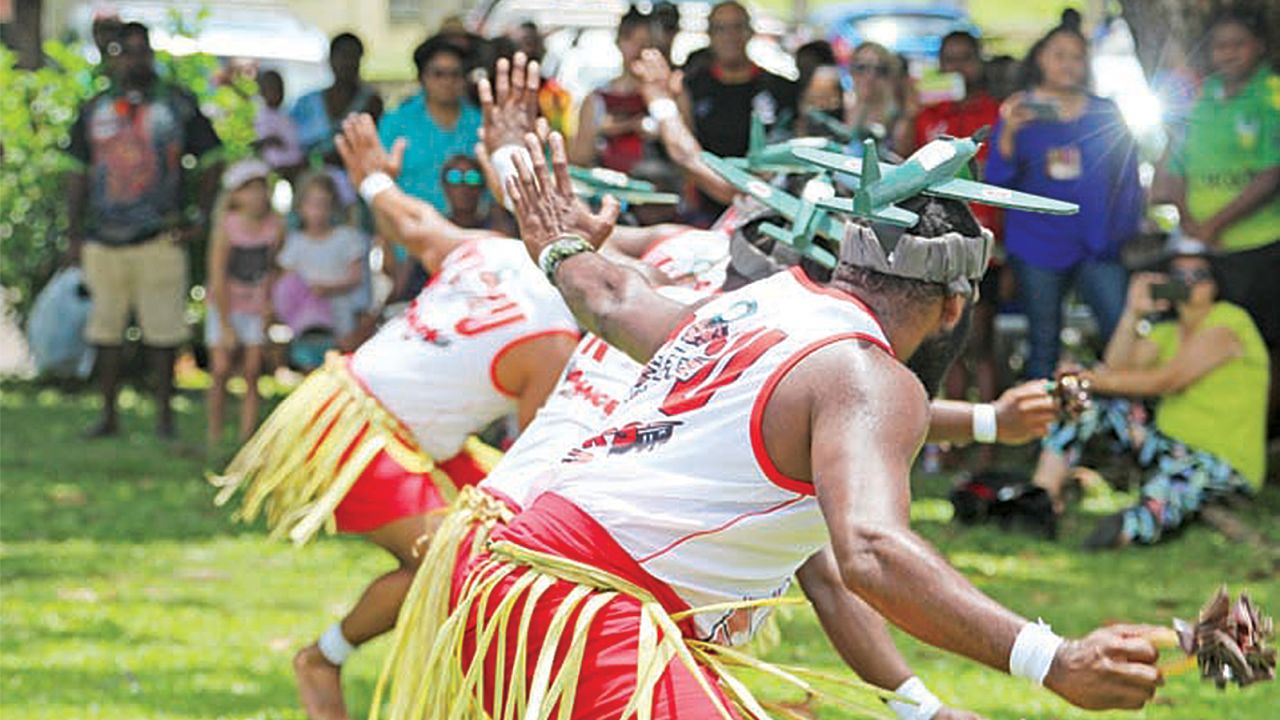 Torres Strait islanders perform the Aeroplane dance in March 2018, remembering the bombing of the islands by the Japanese in World War 2.