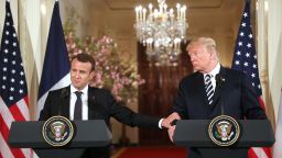 US President Donald Trump and French President Emmanuel Macron shake hands during a joint press conference at the White House in Washington, DC, on April 24, 2018. (Photo by Ludovic MARIN / AFP)        (Photo credit should read LUDOVIC MARIN/AFP/Getty Images)