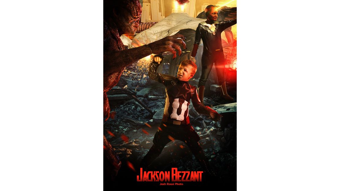 Eight-year-old Jackson Bezzant poses as Captain America in Josh Rossi's Avengers-themed photo series. Knowing that people support him has boosted Jackson's confidence, his dad said.