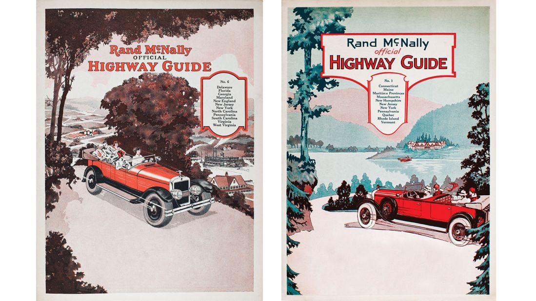 <strong>New frontiers</strong>: The 1920s advent of the motor car age brought with it the great American road trip -- and publishing company Rand McNally's handy road atlases of the United States.<em>"</em>The cover art during these initial years depicted a time of leisure and touring as more people were taking road trips for fun," Rand McNally representative Alexis Sadoti tells CNN Travel. <em>Pictured here: Rand McNally road atlas 1927 and 1928.</em>