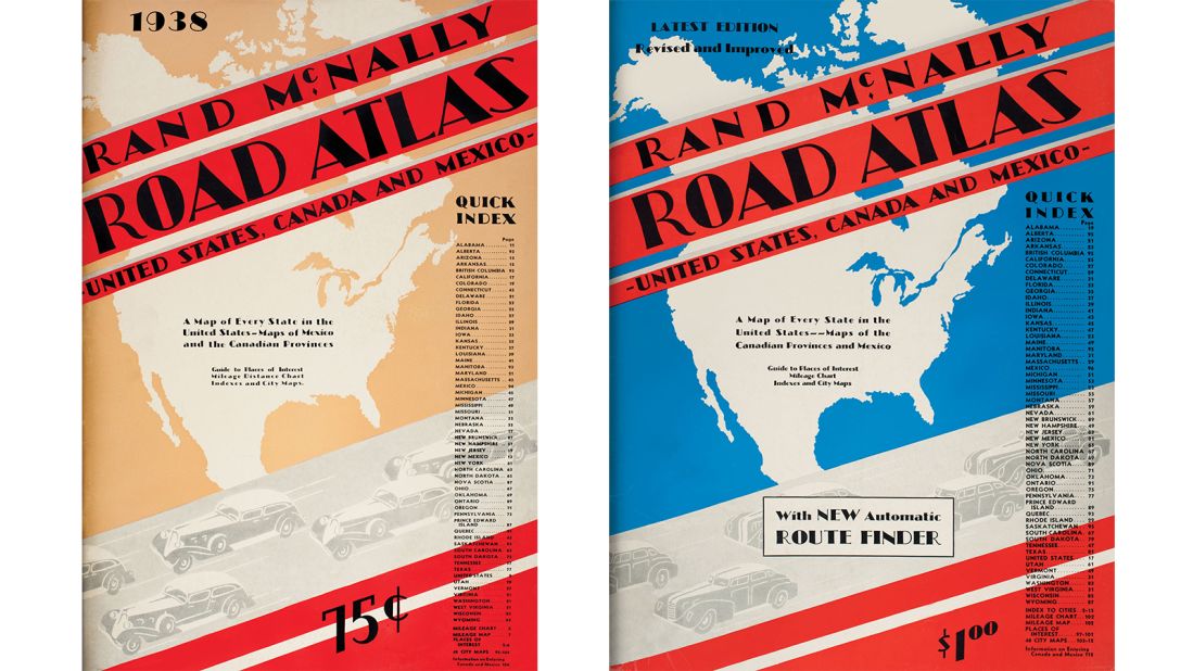 <strong>Early origins:</strong> In the early years, the Rand McNally team struggled with how best to label roads with long names. They decided to number the roads -- marking the origin of the American highway numbering system. <em>Pictured here: Rand McNally road atlas 1938 and 1942.</em>