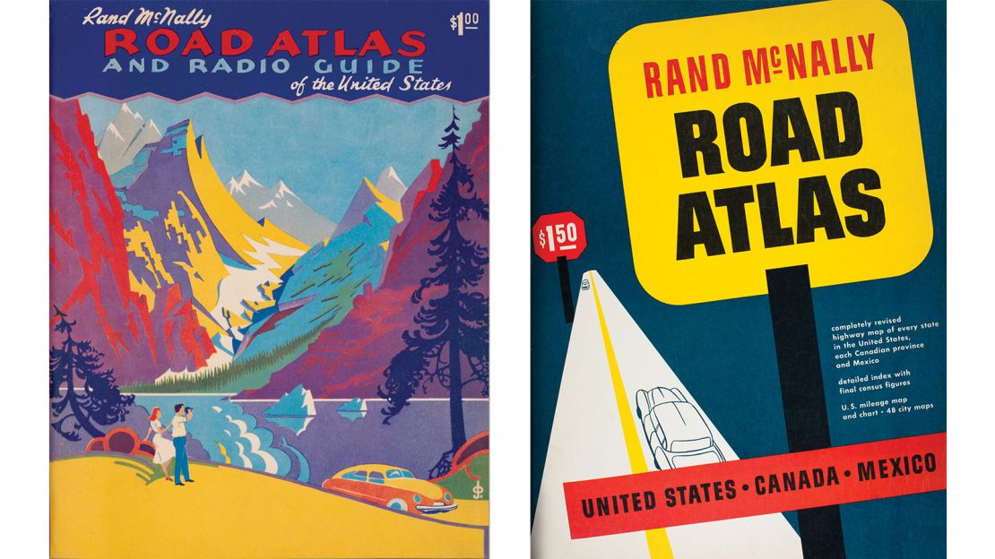 The changing designs celebrate changing trends in road trips. Pictured here: Rand McNally road atlas 1950 and 1952.
