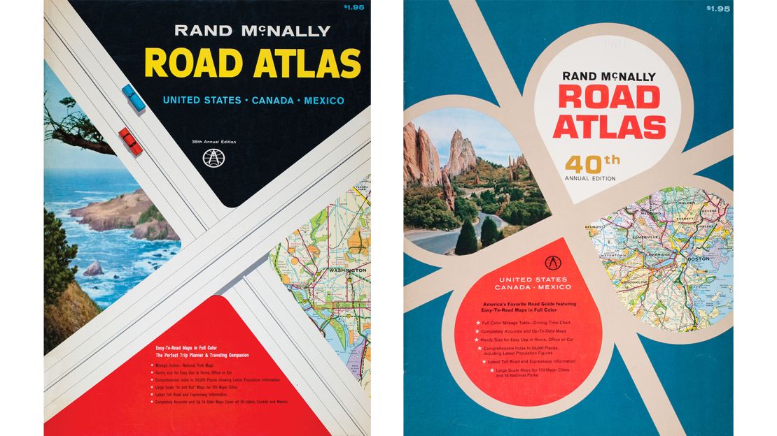 Each year new maps are added. Pictured here: Rand McNally road atlas 1961 and 1964.