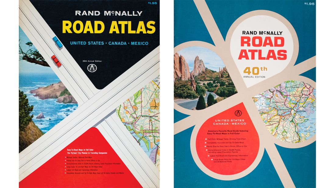 <strong>Simple lines</strong>: "The modern roads complemented the 1950s design styles of mid-century modern -- from the cars that people drove to the cover art of the Rand McNally Road Atlas, which featured simple lines, limited colors, and artistic typefaces," says Sadoti. <em>Pictured here: Rand McNally road atlas 1961 and 1964.</em>