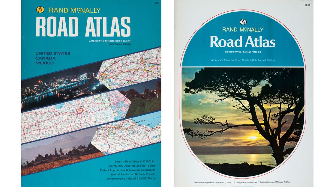 The atlases still thrive in the era of GPS. Pictured here: Rand McNally road atlas 1957 and 1966.