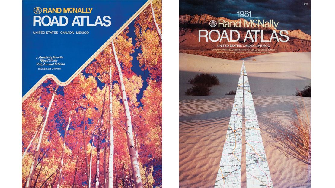 Since the 1980s, the covers tend to be photo-led. Pictured here: Rand McNally road atlas 1979 and 1981.