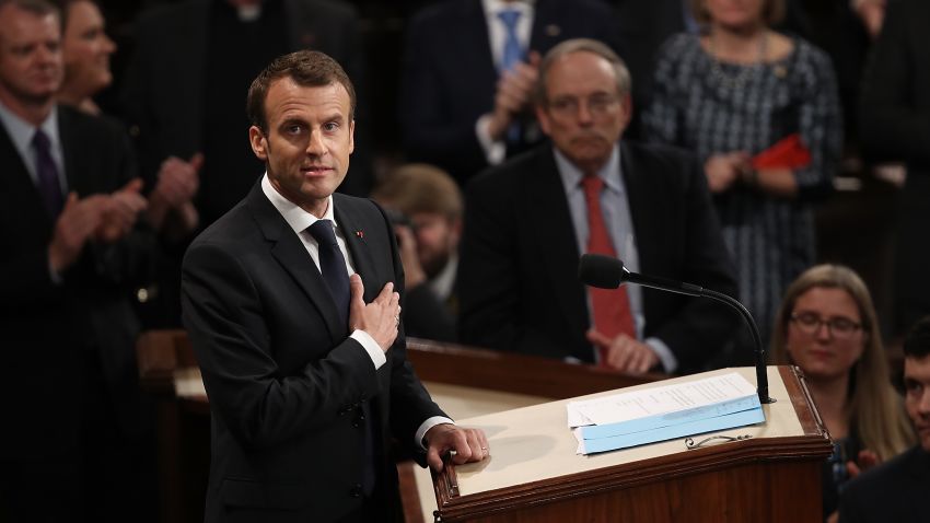 French President Emmanuel Macron reacts to a standing ovation after addressing a joint meeting of the U.S. Congress at the U.S. Capitol April 25, 2018 in Washington, DC.
