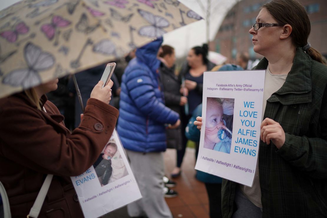 People protest the Alfie Evans case outside Alder Hey Hospital on April 13 in Liverpool, England.