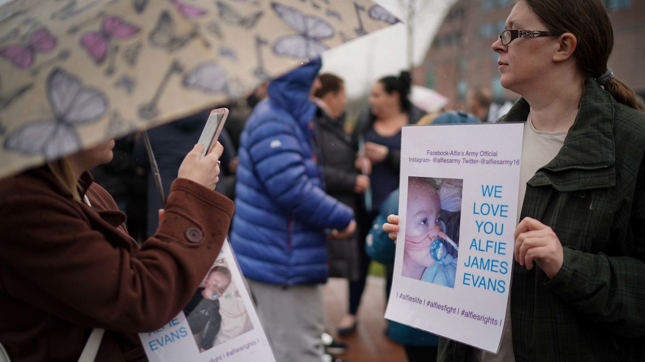 People protest outside Alder Hey Hospital where 23-month-old Alfie Evans is being cared for in Liverpool, England. 