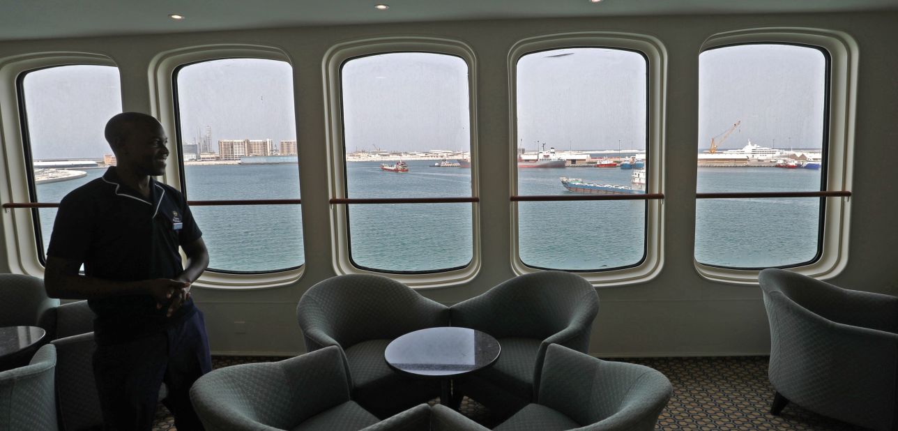 The view of Port Rashid from inside a QE2 lounge.