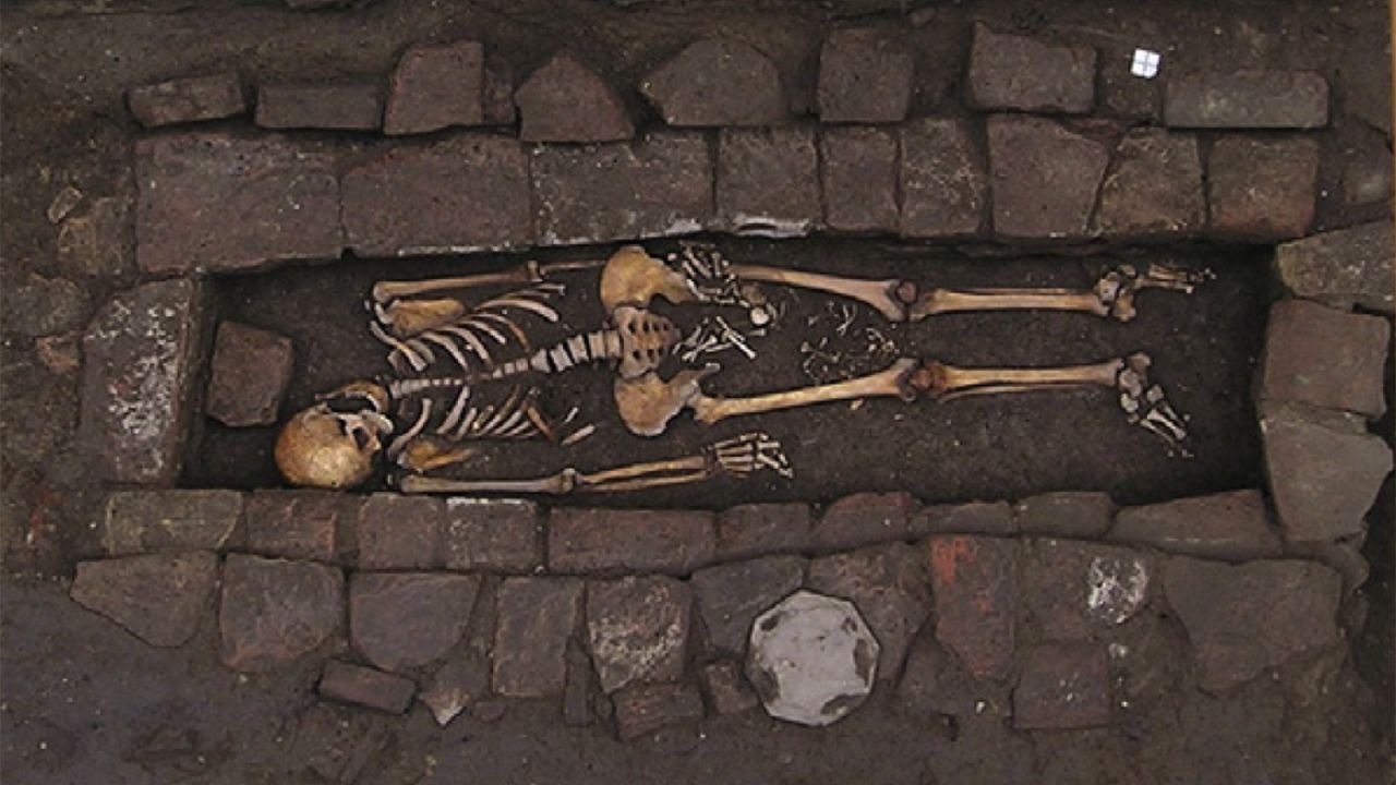 The skeleton of a young woman and her fetus were found in a brick coffin dated to medieval Italy. Her skull shows an example of neurosurgery, and her child was extruded after death in a rare "coffin birth."