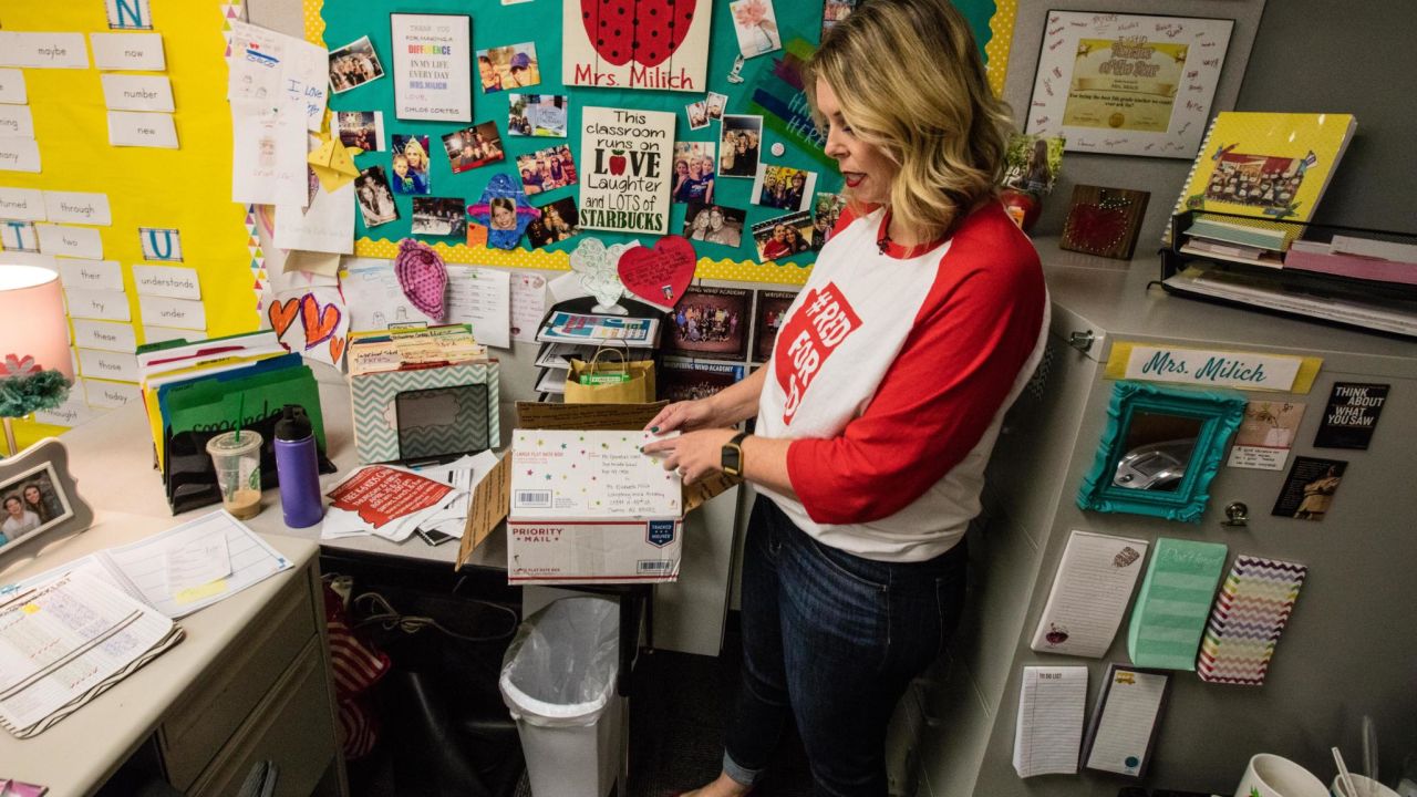 Teacher Elisabeth Milich has had supplies and funds sent from New York and London.