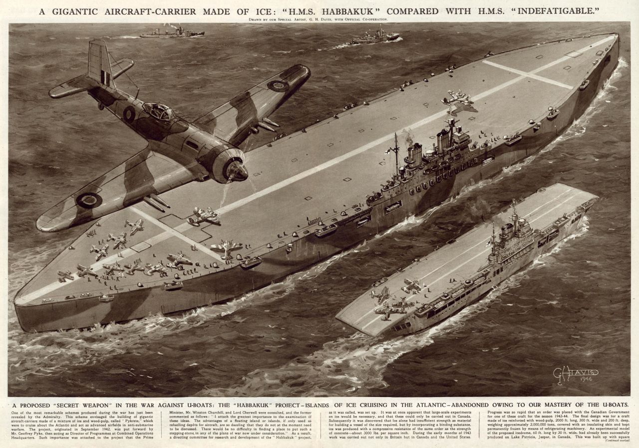 A 1946 artist's impression of the proposed HMS Habbakuk.