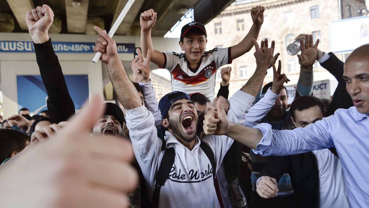 Yerevan residents celebrate Serzh Sargsyan's resignation as prime minister in Yerevan on April 23.