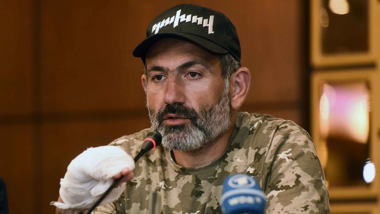 Opposition leader Nikol Pashinyan speaks during a news conference in Yerevan on April 24.