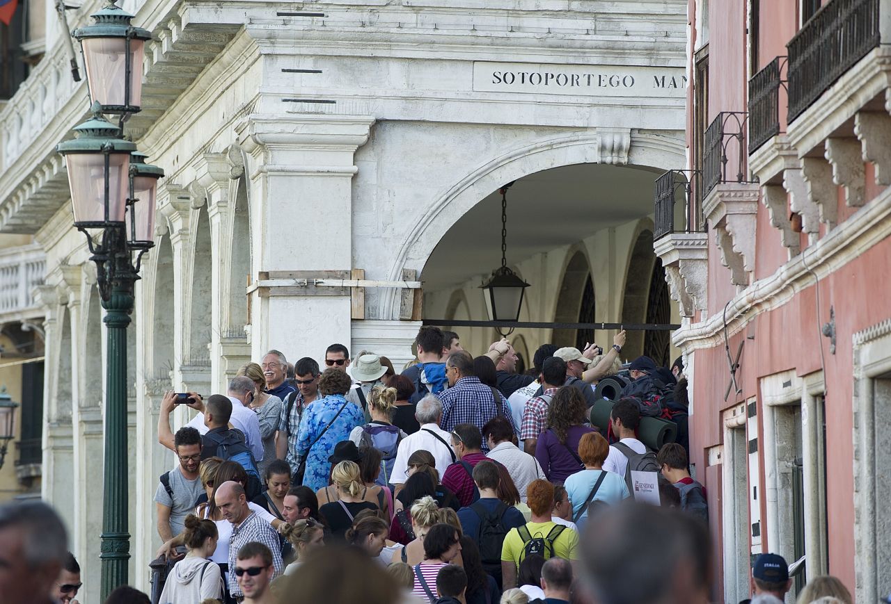 Tourists block the bridges in Venice.