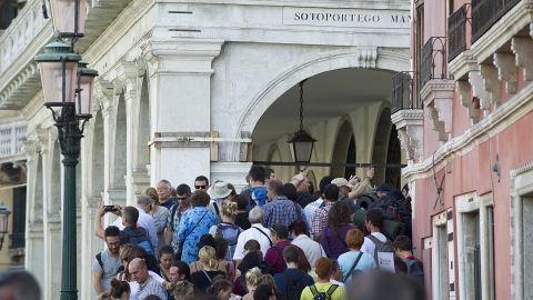 Tourists block the bridges in Venice.