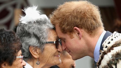 Harry performs a "hongi" (traditional Maori greeting) while on a trip to New Zealand. Wanganui, New Zealand, May 2015.