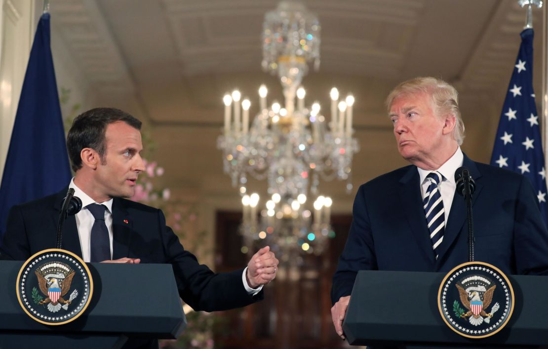 French President Emmanuel Macron, left, with US Presdient Donald Trump at the White House on Tuesday. 