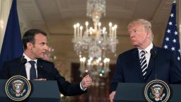 US President Donald Trump and French President Emmanuel Macron hold a joint press conference at the White House in Washington, DC, on April 24, 2018. (Photo by LUDOVIC MARIN / AFP)        (Photo credit should read LUDOVIC MARIN/AFP/Getty Images)