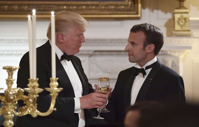 Trump toasts Macron during a state dinner to honor Macron on April 24, at the White House in Washington.