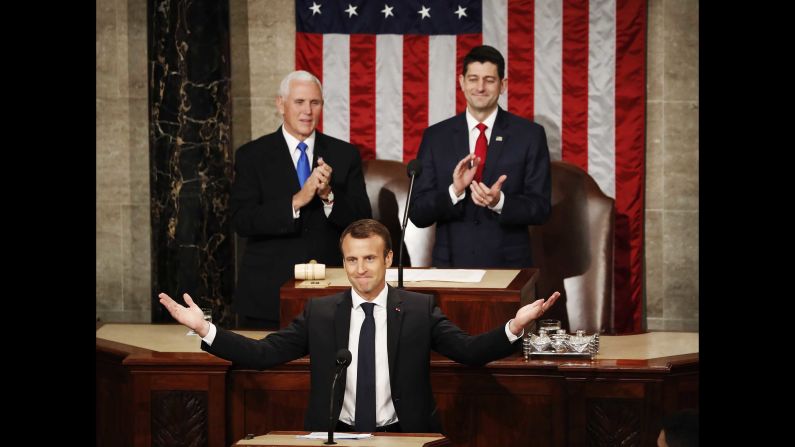 French President Emmanuel Macron gestures as he arrives to address a joint meeting of Congress on Wednesday, April 25, 2018, in Washington. President Donald Trump is hosting Macron for a state visit -- <a target="_blank">the first of his presidency.</a>