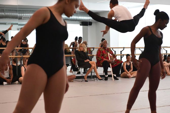 Macron's wife, Brigitte Macron, visits the Duke Ellington School of the Arts in Washington on April 25.