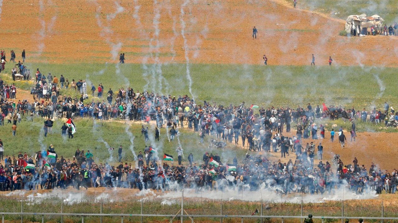 Tear gas rains down on Gaza during a Palestinian protest on March 30.