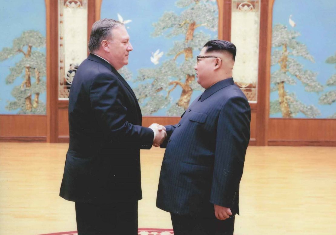 Mike Pompeo shakes hands with North Korean leader Kim Jong Un in Pyongyang in a photo provided by the White House.