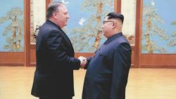 Mike Pompeo shakes hands with North Korean leader Kim Jong Un in Pyongyang in a photo provided by the White House.