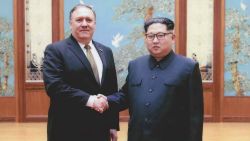Mike Pompeo shakes hands with North Korean leader Kim Jong Un in Pyongyang in a photo provided by the White House.