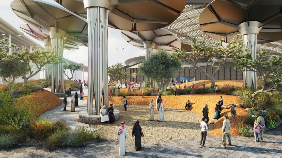 A rendering of Grimshaw's upcoming showing the landscaped area beneath the pavilion's solar "e-trees."