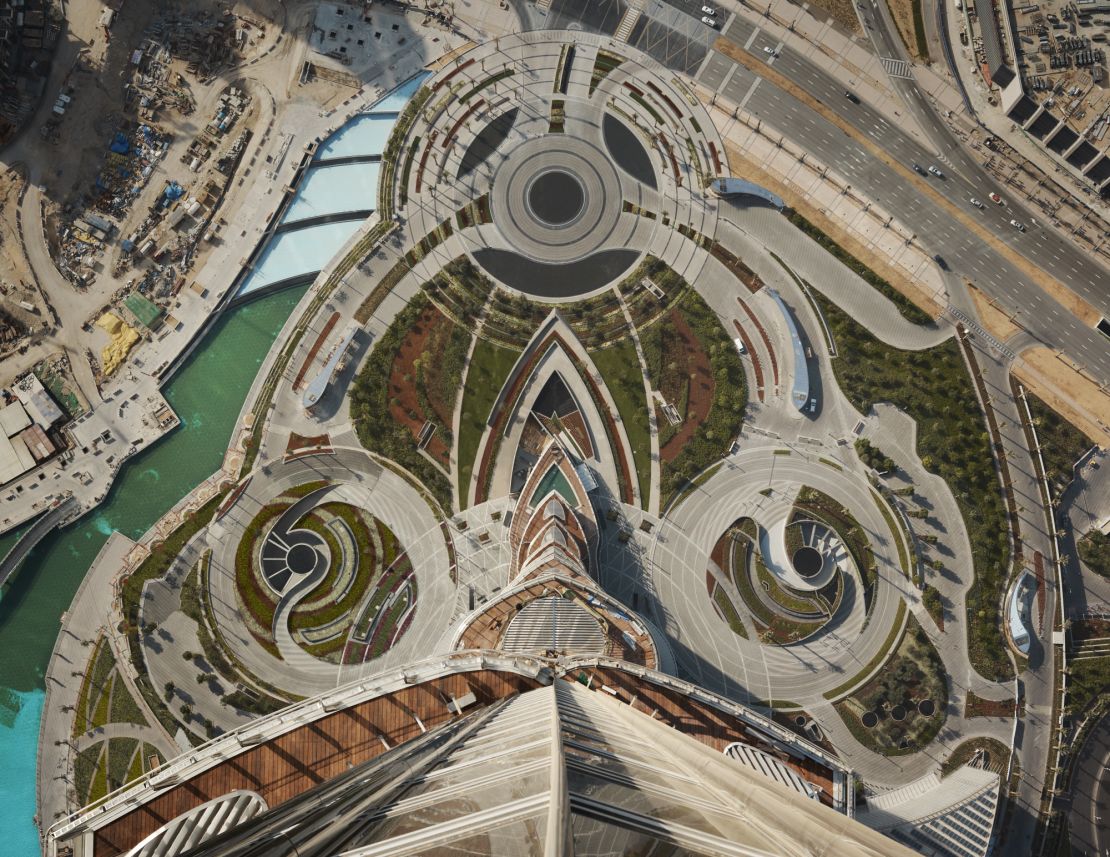 An aerial shot of the Burj Khalifa, taken from its upper levels.