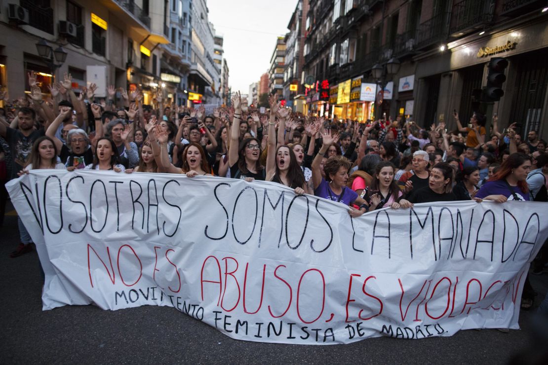 Protesters carry a banner through Madrid reading 'We are the wolf pack. It not abuse, it is rape" during a demonstration in 2018.